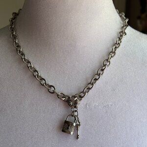Silver Thick Chain Necklace with Lock and Key